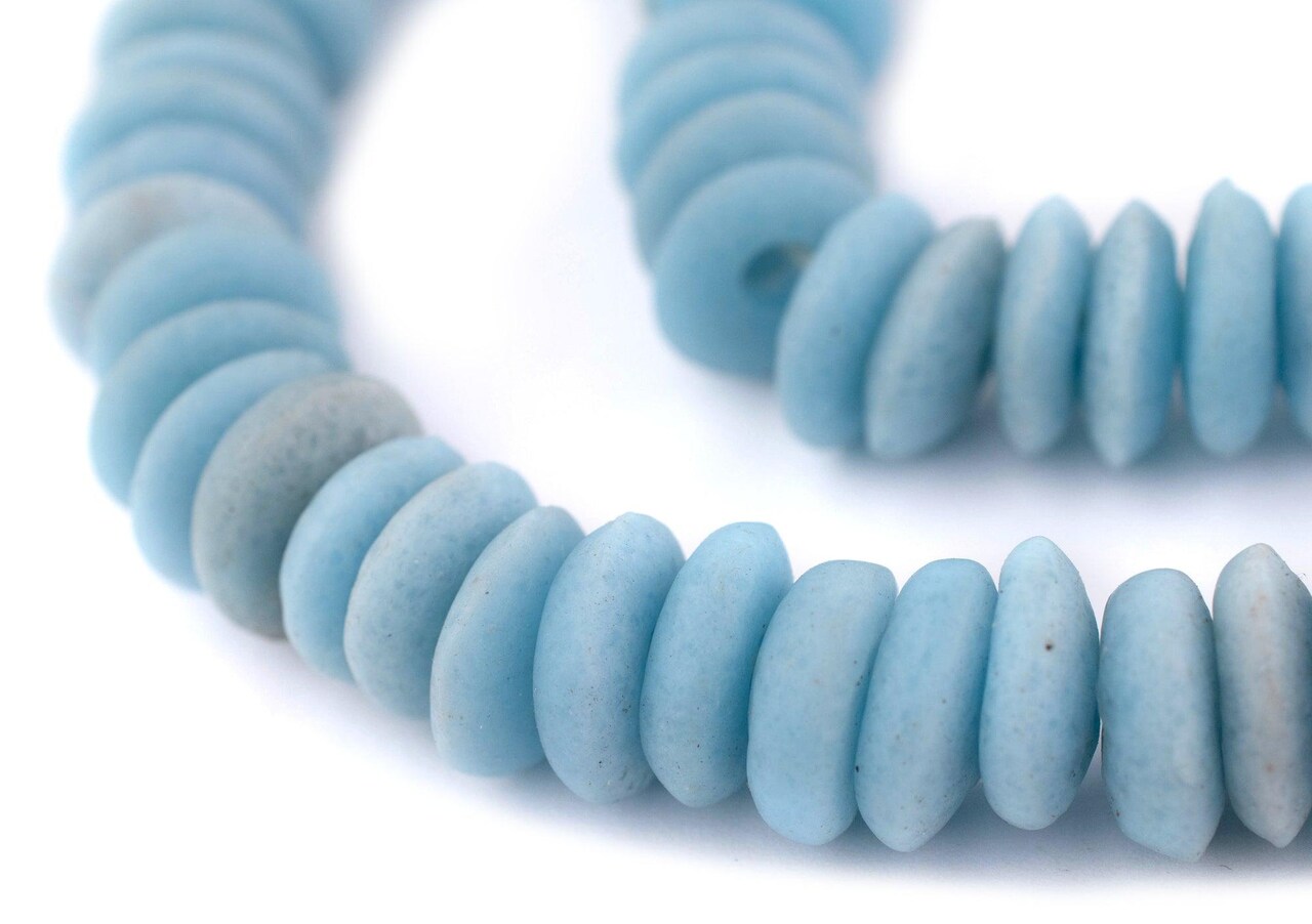 The Bead Chest Ashanti Fair Trade Glass Saucer Beads - African Tribal Ethnic Disk Rondelle Spacers (Baby Blue)